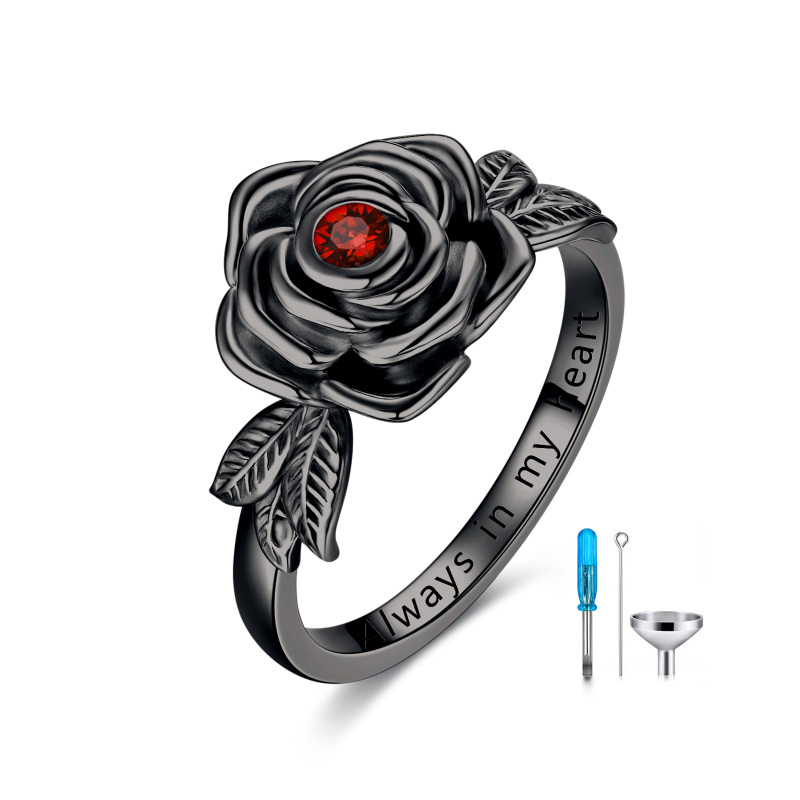 Sterling Silver with Black Rhodium Color Red Crystal Rose Cremation Urn Ring for Women-13