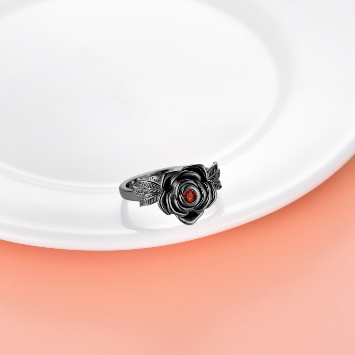 Bague funéraire en argent sterling avec cristal rouge rose de couleur rhodium noir pour femme-4