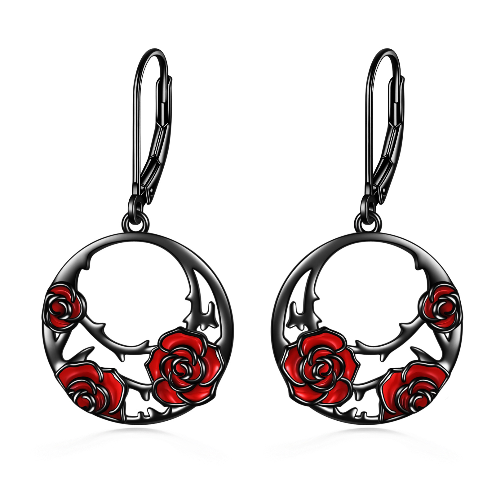 Image of Sterling Silver with Black Rhodium Color Rose Lever-back Earrings