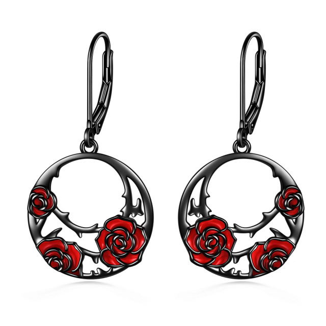 Boucles d'oreilles à levier en argent sterling avec rose de couleur rhodium noir-1