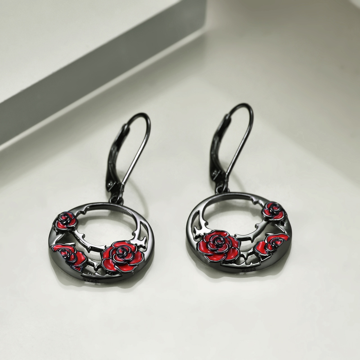 Sterling Silver with Black Rhodium Color Rose Lever-back Earrings-4