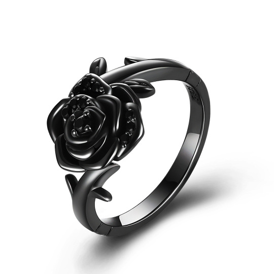 Anillo de plata de ley con circonita cúbica color rodio negro en forma de rosa