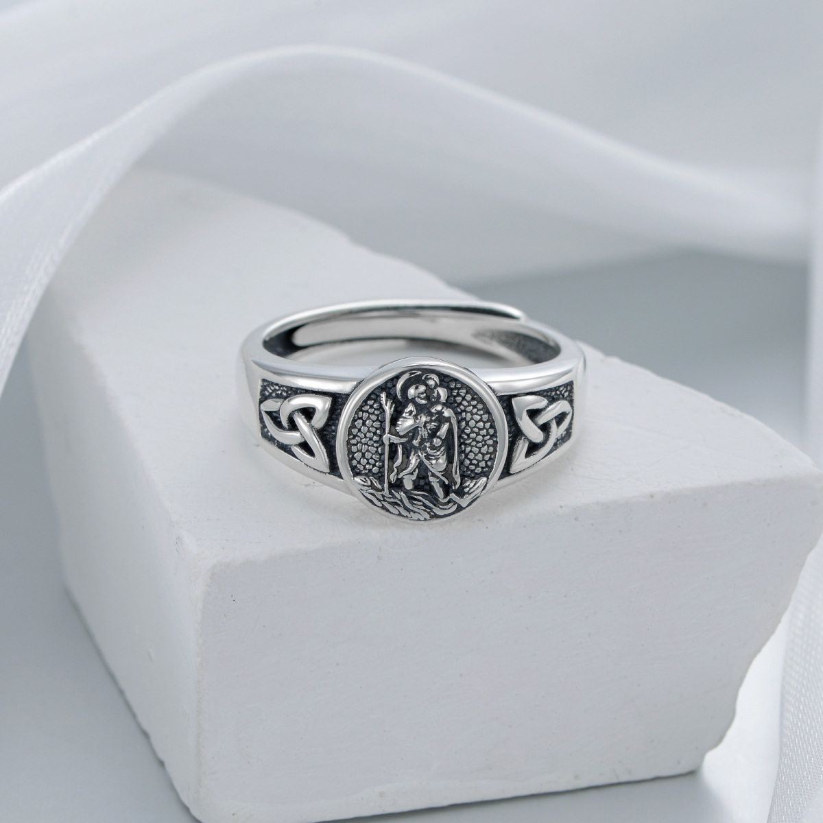 Sterling Silver with Black Rhodium Color Saint Christopher Open Ring-5