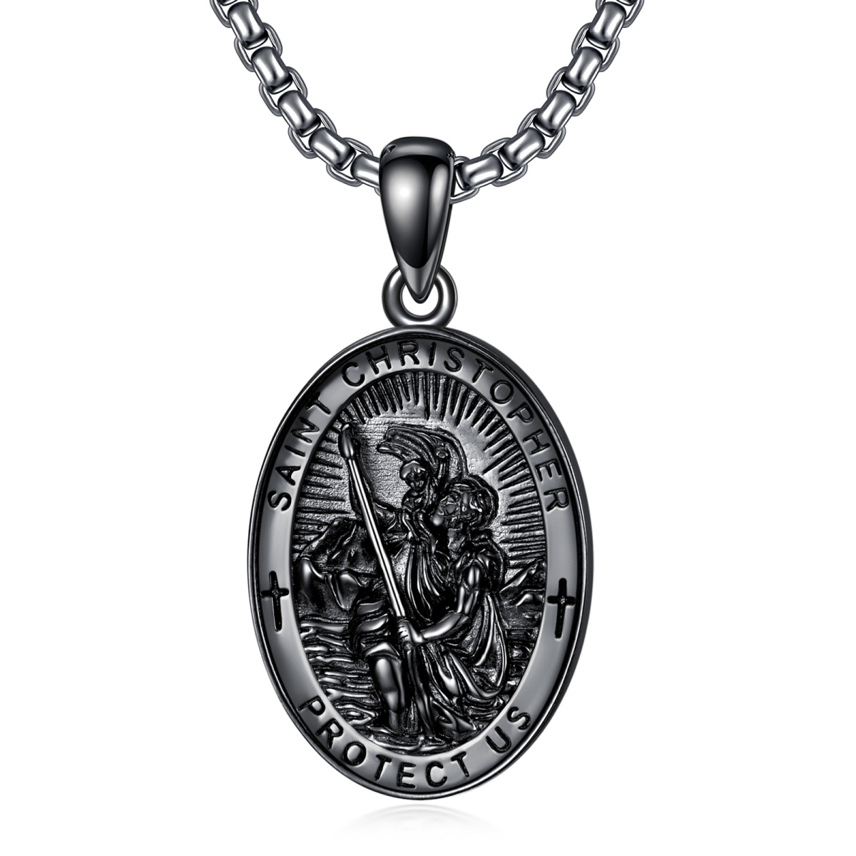 Sterling Silver With Black Rhodium Color Saint Christopher Pendant Engraving Necklace For Men-1