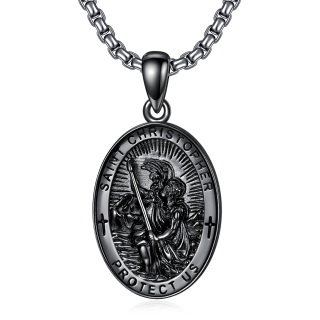 Sterling Silver With Black Rhodium Color Saint Christopher Pendant Engraving Necklace For Men-17