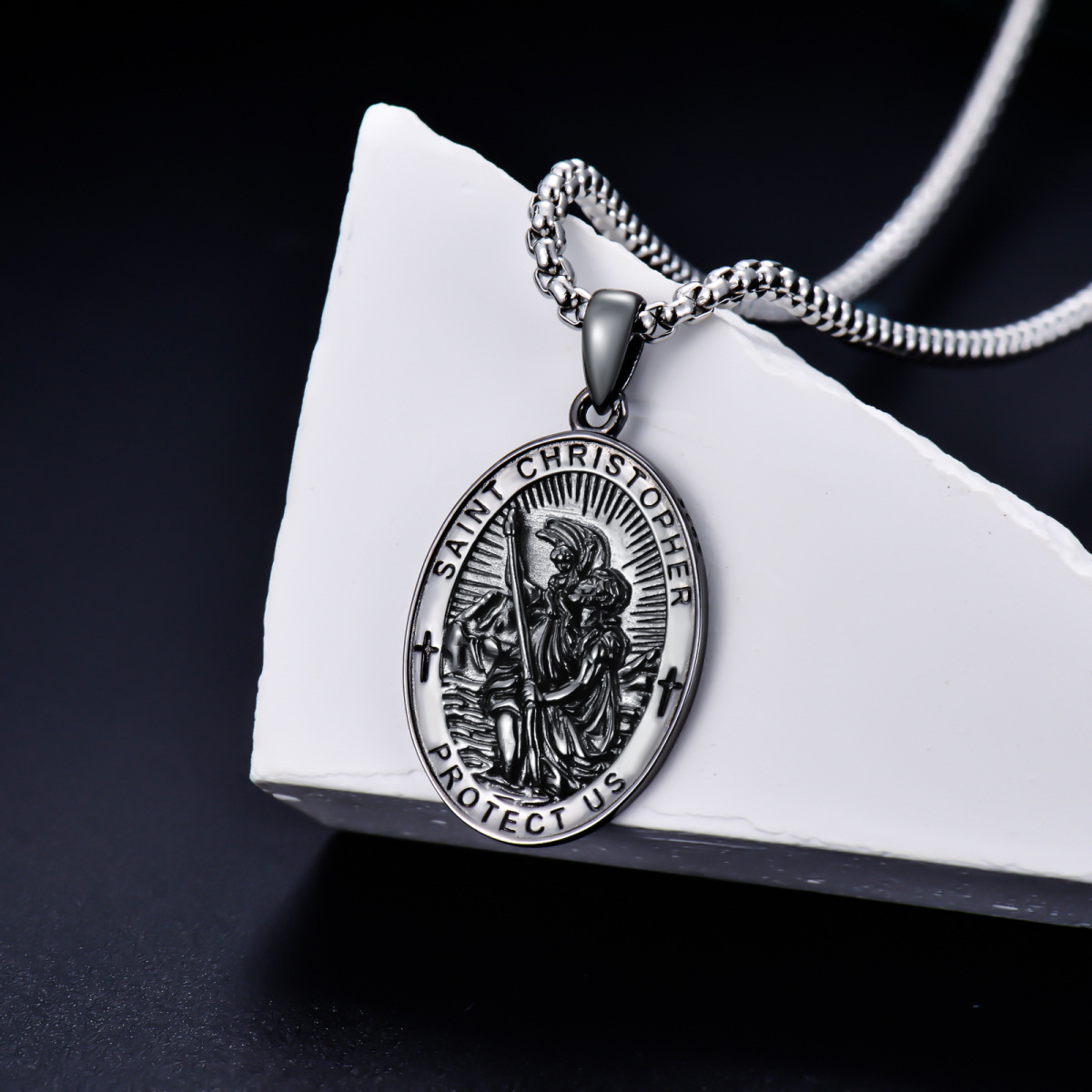 Sterling Silver With Black Rhodium Color Saint Christopher Pendant Engraving Necklace For Men-3