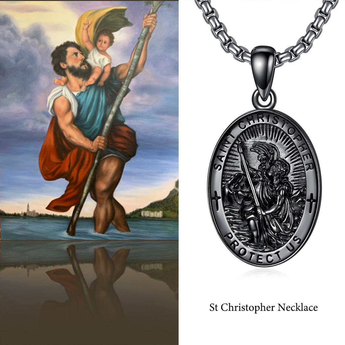 Sterling Silver With Black Rhodium Color Saint Christopher Pendant Engraving Necklace For Men-5