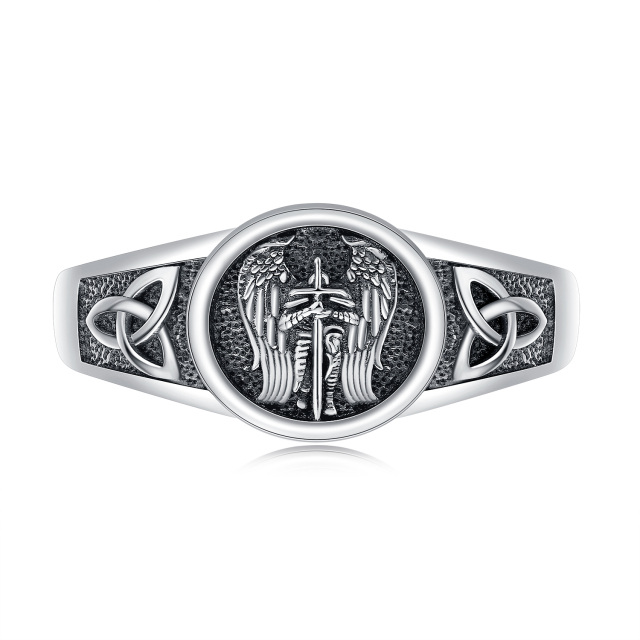 Sterling Silver with Black Rhodium Color Saint Michael Open Ring