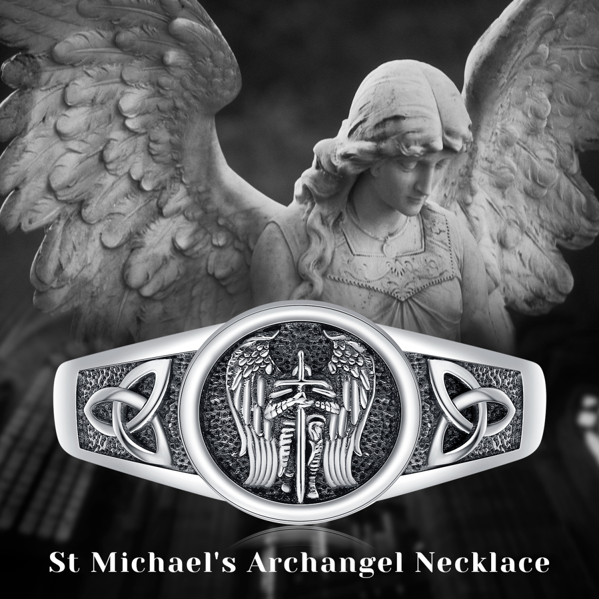 Sterling Silver with Black Rhodium Color Saint Michael Open Ring-5