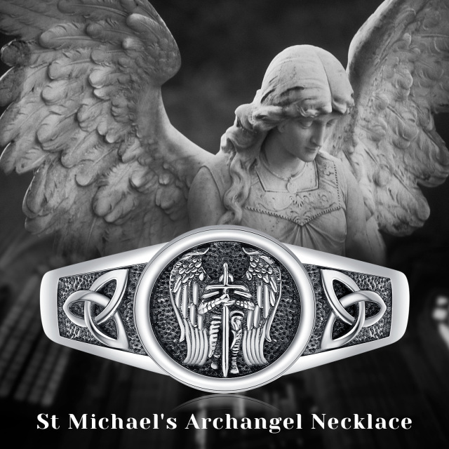 Sterling Silver with Black Rhodium Color Saint Michael Open Ring-5