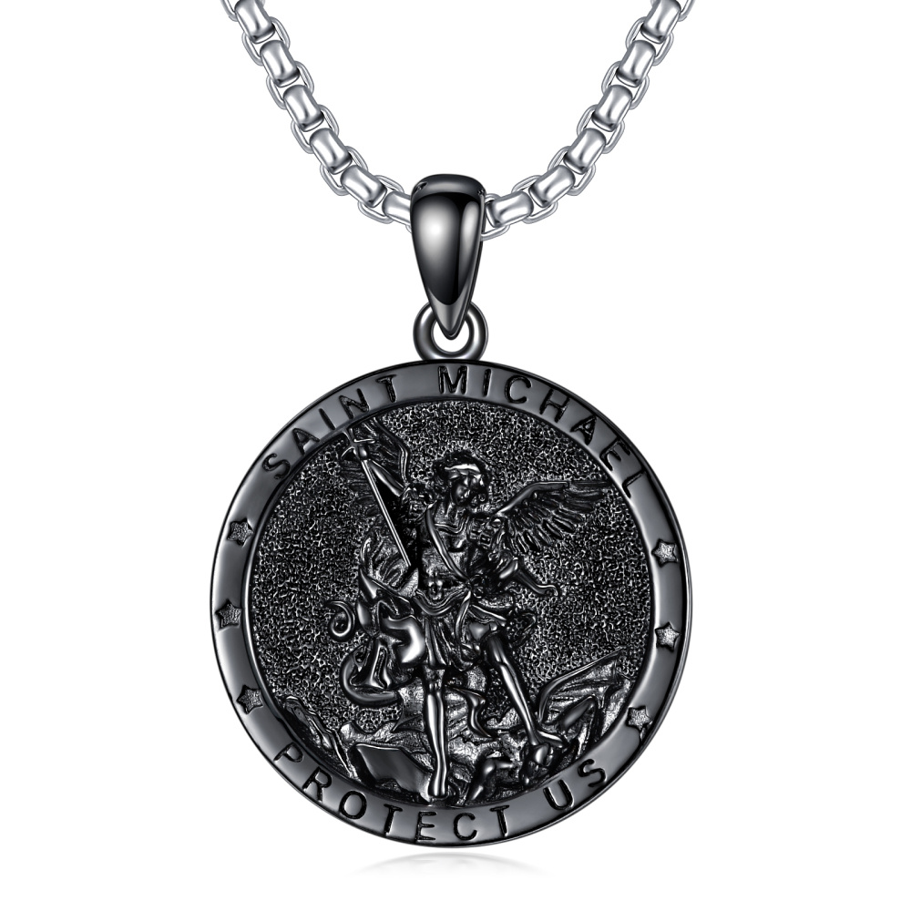 Collana con ciondolo di San Michele in argento sterling e rodio nero con parola incisa per-1
