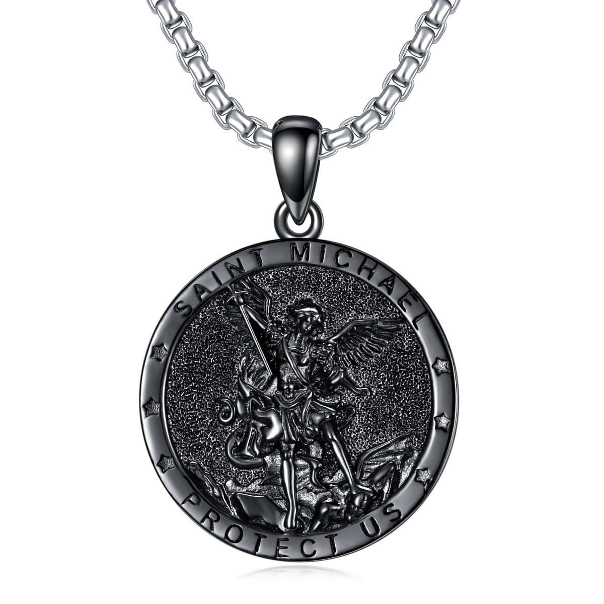 Sterling Silver With Black Rhodium Color Saint Michael Pendant Necklace With Engraved Word For Men-1