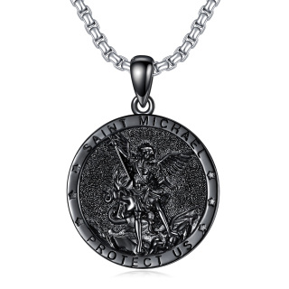 Sterling Silver With Black Rhodium Color Saint Michael Pendant Necklace With Engraved Word For Men-27