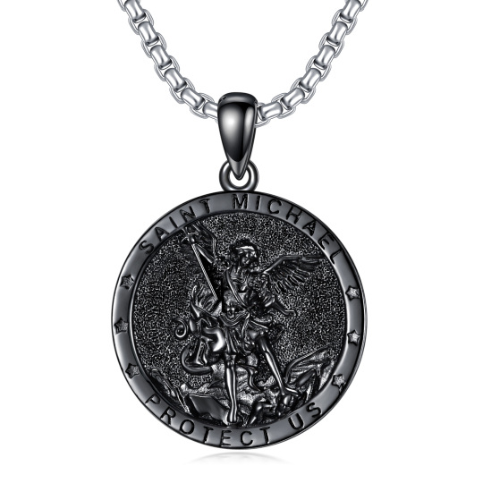 Sterling Silver with Black Rhodium Color Saint Michael Pendant Necklace with Engraved Word for Men