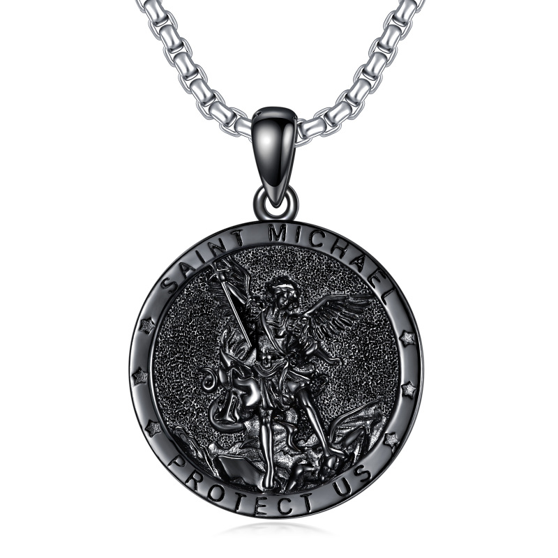 Sterling Silver With Black Rhodium Color Saint Michael Pendant Necklace With Engraved Word For Men-17