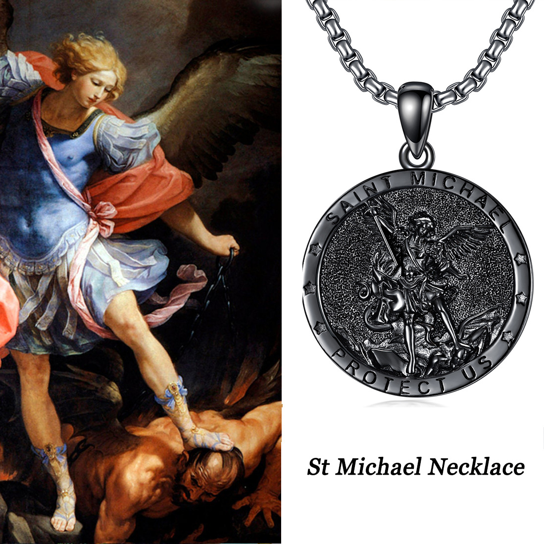 Sterling Silver With Black Rhodium Color Saint Michael Pendant Necklace With Engraved Word For Men-3