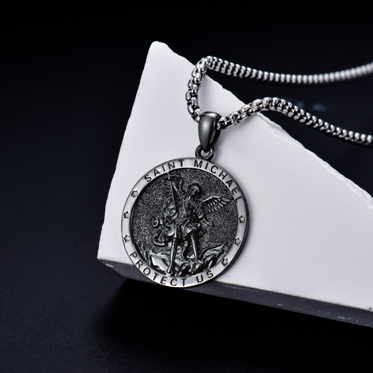 Sterling Silver With Black Rhodium Color Saint Michael Pendant Necklace With Engraved Word For Men-4