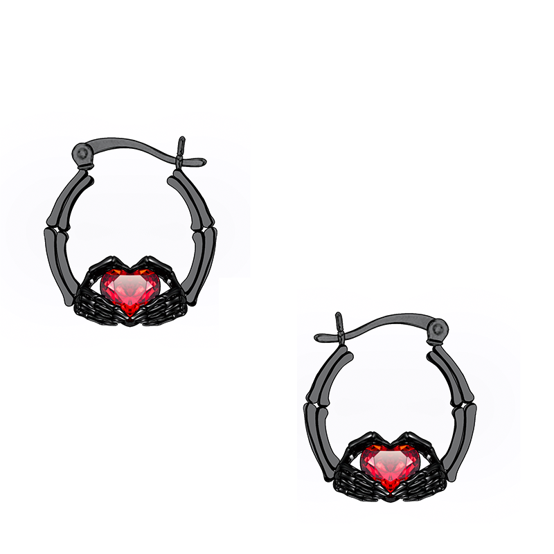 Sterling Silver with Black Rhodium Color Cubic Zirconia Skeleton Hand Hoop Earrings-1