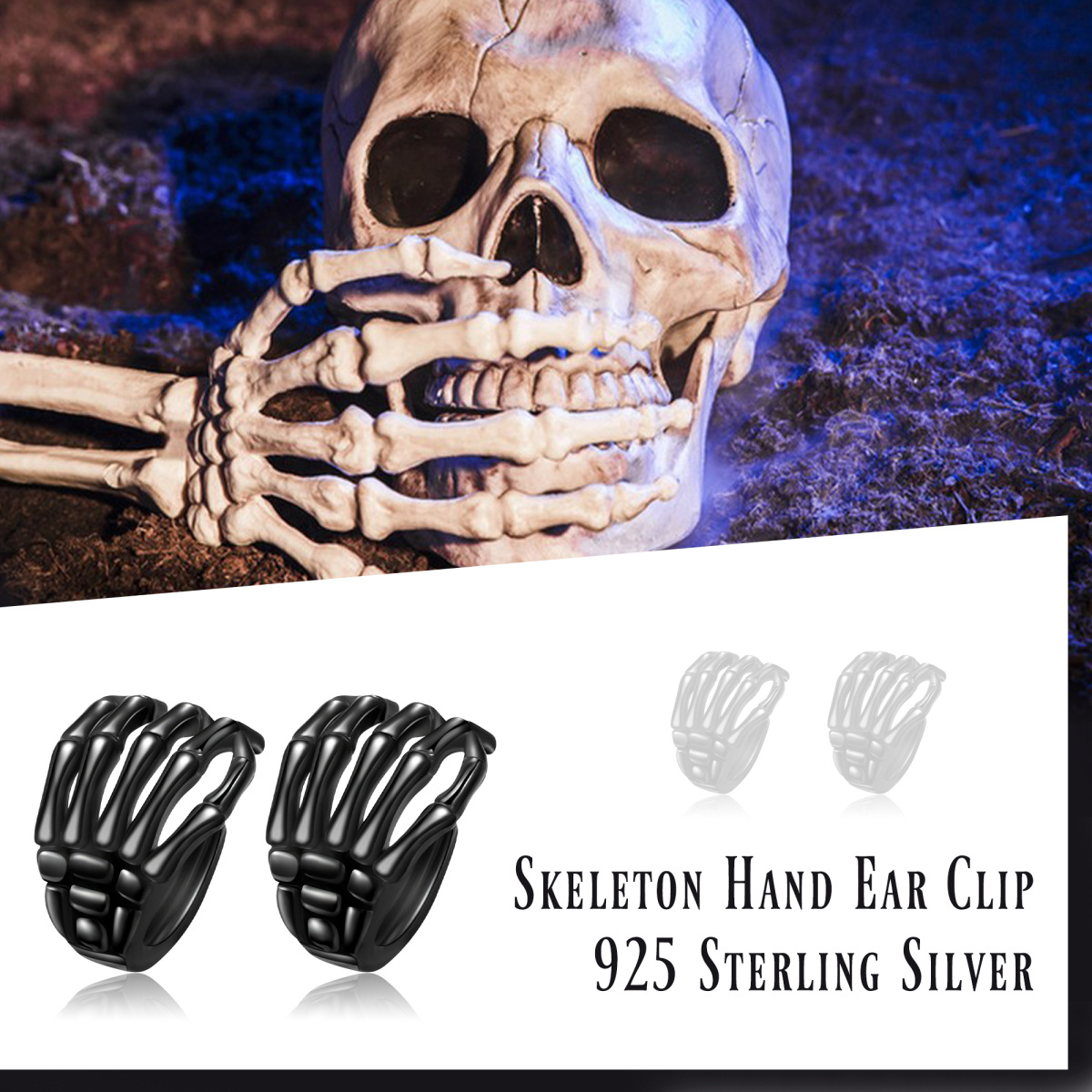 Sterling Silver with Black Rhodium Color Skull Hand Cuff Earrings-6