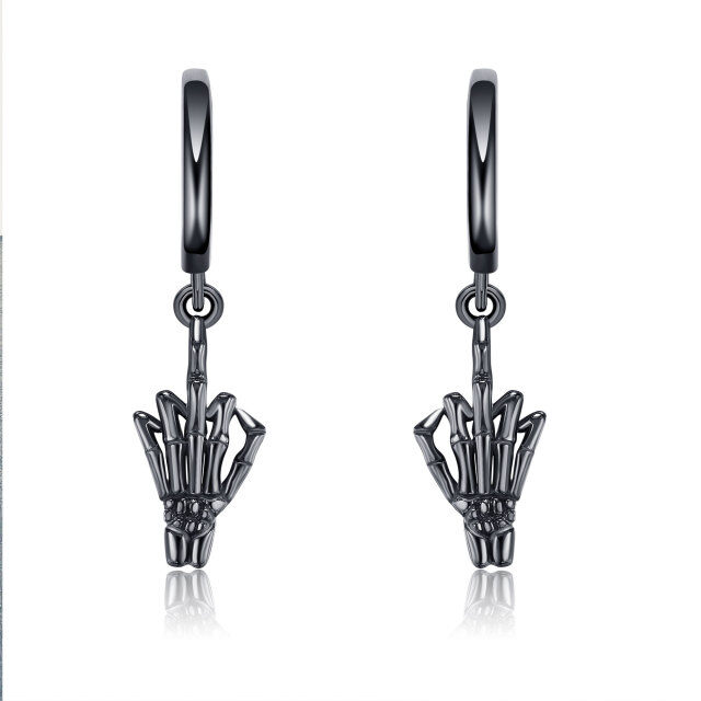 Sterling Silver with Black Rhodium Color Skull Hand Drop Earrings-1