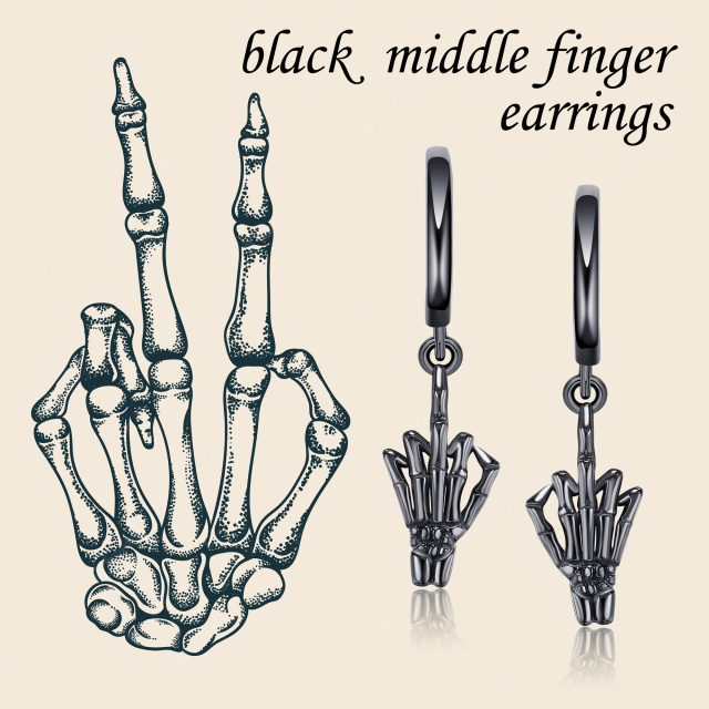 Pendientes colgantes con forma de mano de calavera en plata de ley con rodio negro-6