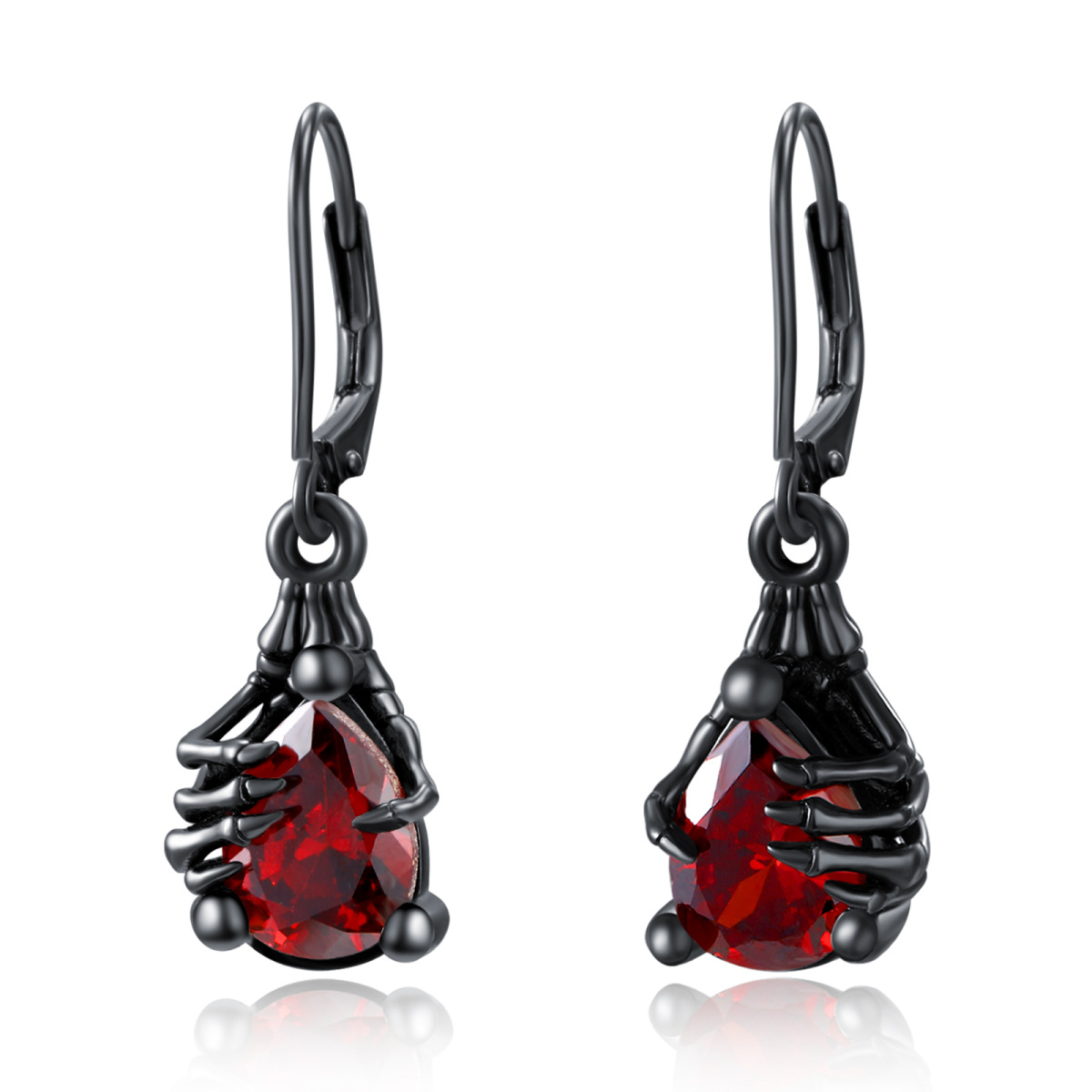 Sterling Silver with Black Rhodium Color Cubic Zirconia Skull Hand Drop Earrings-1