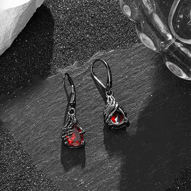 Sterling Silver with Black Rhodium Color Cubic Zirconia Skull Hand Drop Earrings-3