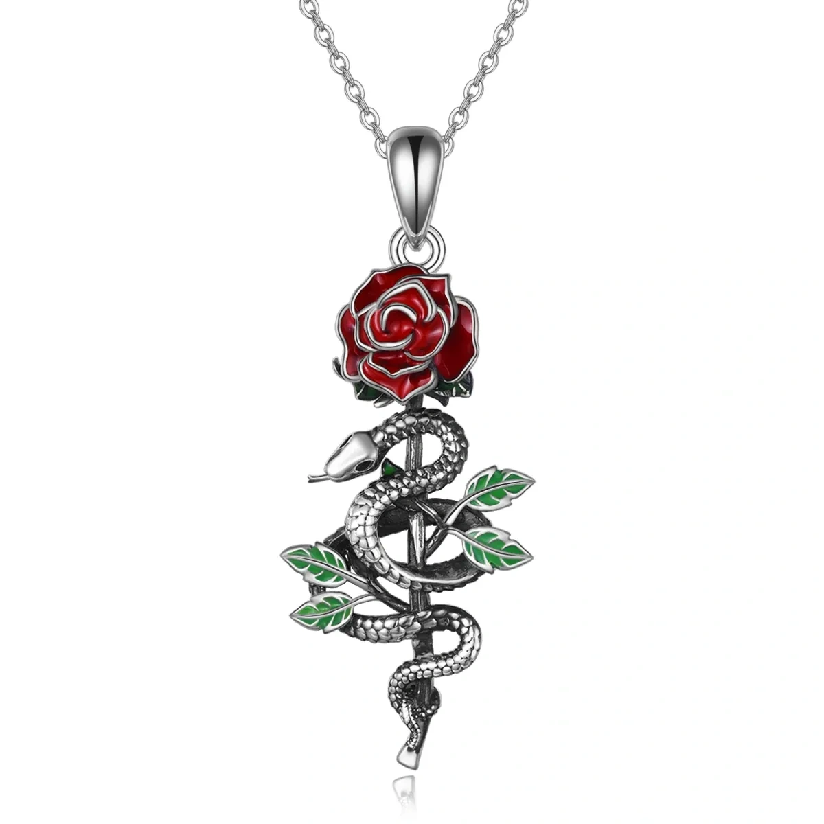 Sterling Silver with Black Rhodium Color Snake & Rose Pendant Necklace-1