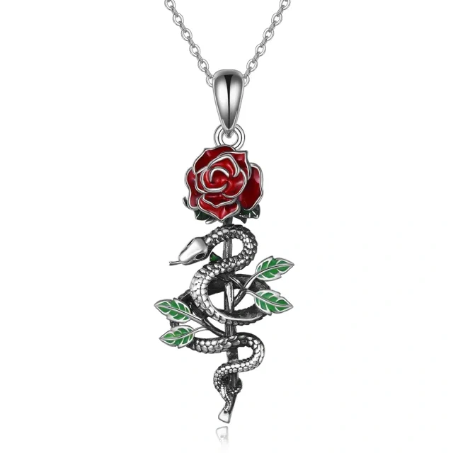 Sterling Silver with Black Rhodium Color Snake & Rose Pendant Necklace-1