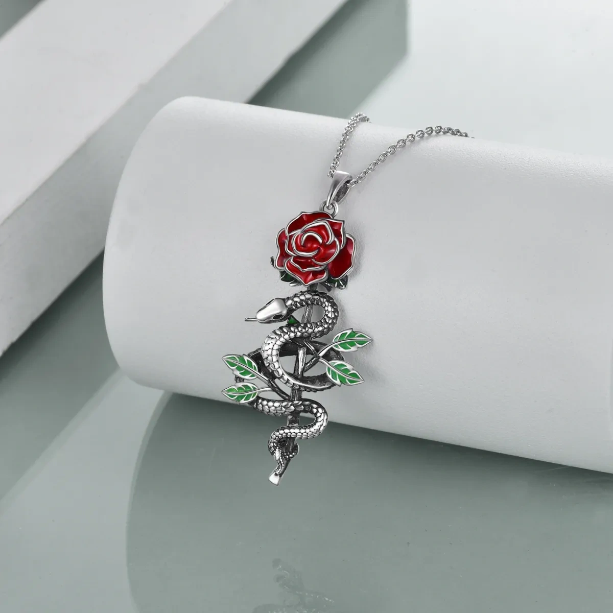 Sterling Silber mit schwarzem Rhodium Farbe Schlange & Rose Anhänger Halskette-3