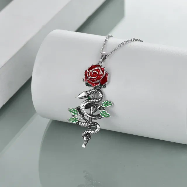 Sterling Zilver met Zwart Rhodium Kleur Snake & Rose Hanger Collier-3