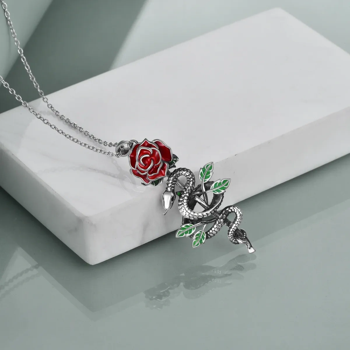 Sterling Silber mit schwarzem Rhodium Farbe Schlange & Rose Anhänger Halskette-4