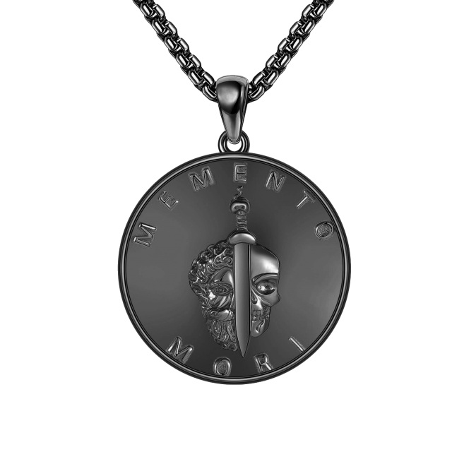 Collar con colgante de moneda de calavera de árbol de la vida de plata de ley con rodio negro para hombre-1