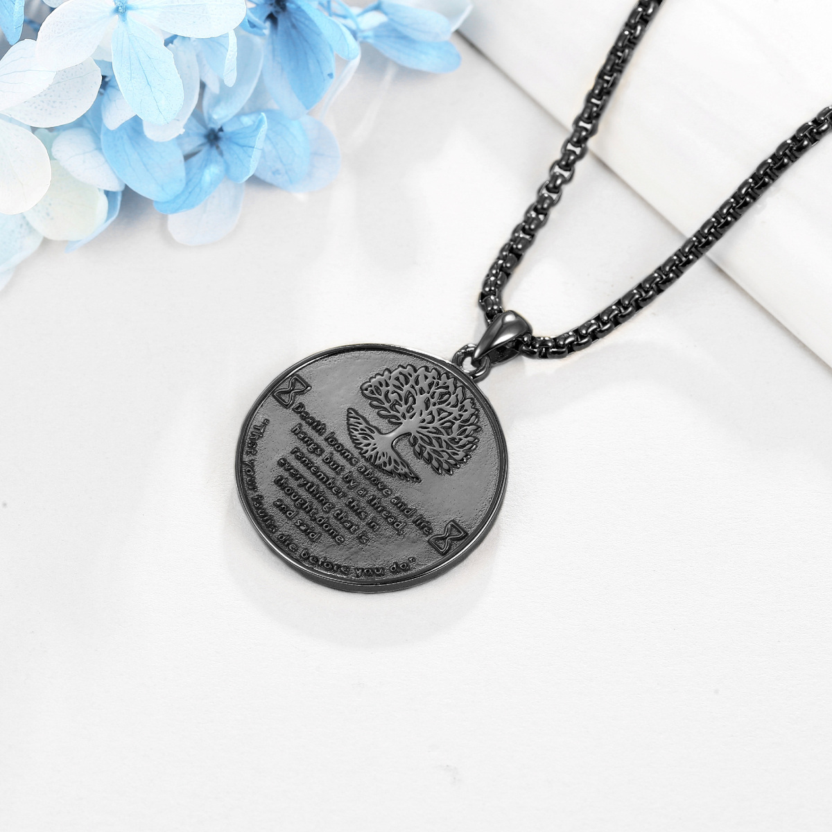 Collar con colgante de moneda de calavera de árbol de la vida de plata de ley con rodio negro para hombre-4