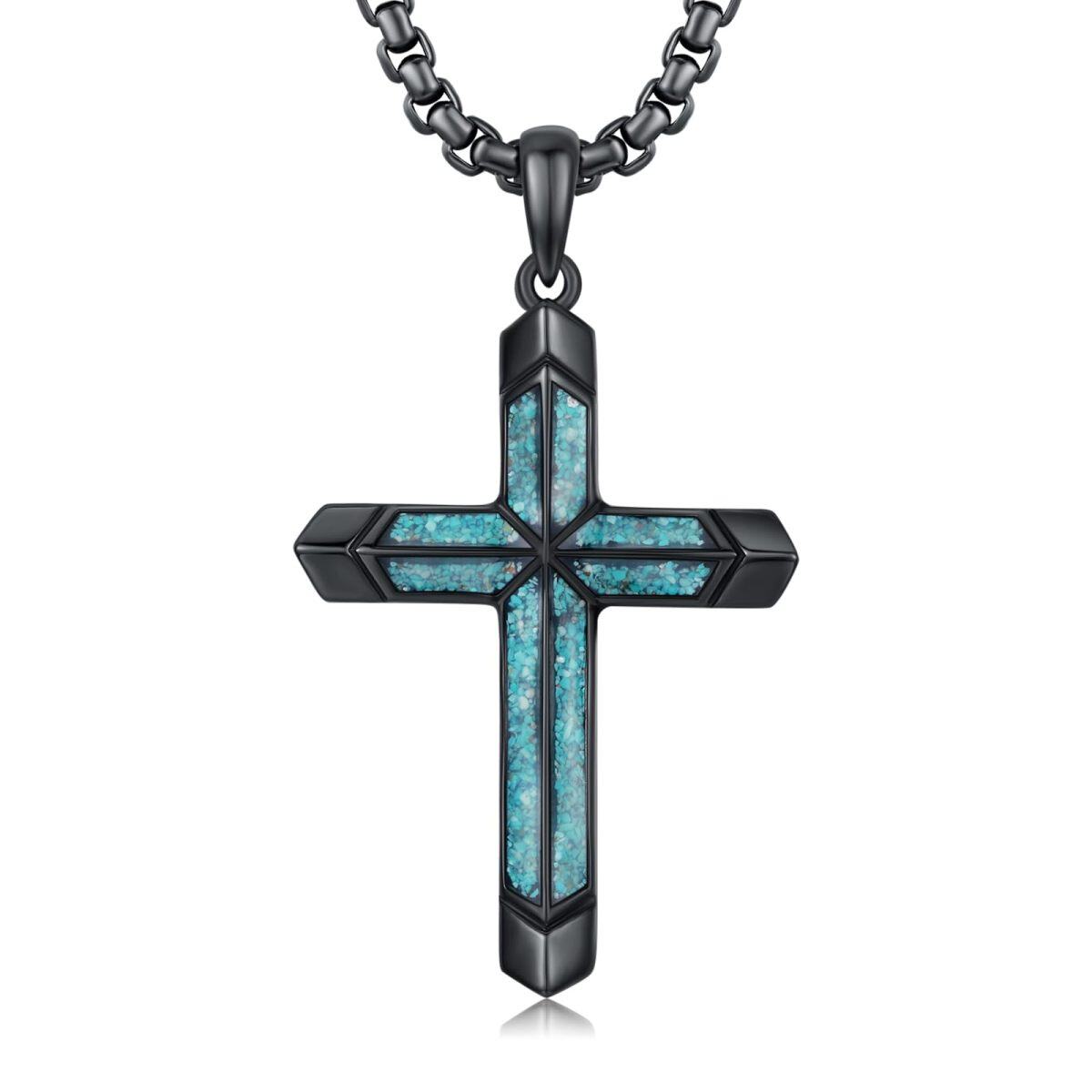 Collier avec pendentif gothique en argent sterling avec croix turquoise de couleur rhodium noir pour homme-1