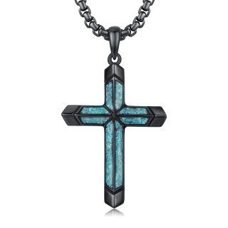 Sterling Silver with Black Rhodium Color Turquoise Cross Gothic Pendant Necklace for Men-13