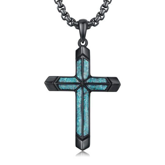 Sterling Silver with Black Rhodium Color Turquoise Cross Gothic Pendant Necklace for Men