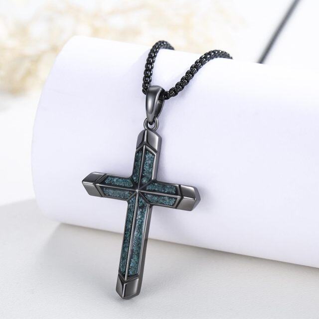 Sterling Silver with Black Rhodium Color Turquoise Cross Gothic Pendant Necklace for Men-4