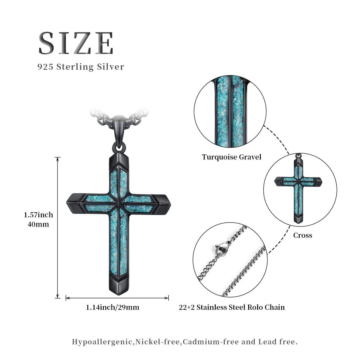 Sterling Silver with Black Rhodium Color Turquoise Cross Gothic Pendant Necklace for Men-5