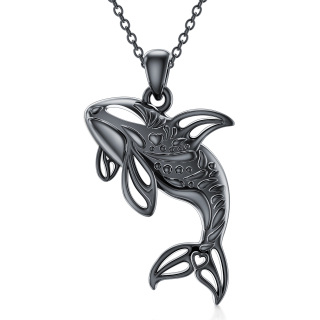 Sterling Silver with Black Rhodium Color Whale Pendant Necklace-34