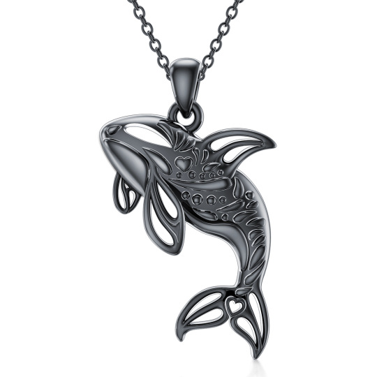 Sterling Silver with Black Rhodium Color Whale Pendant Necklace