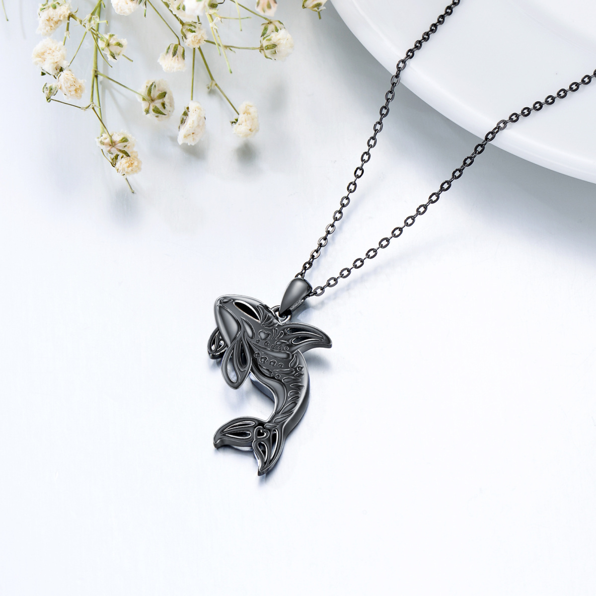 Collier avec pendentif baleine en argent sterling et rhodium noir-4