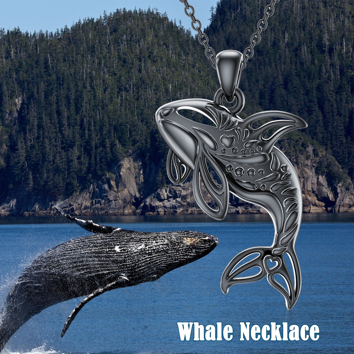 Collier avec pendentif baleine en argent sterling et rhodium noir-6