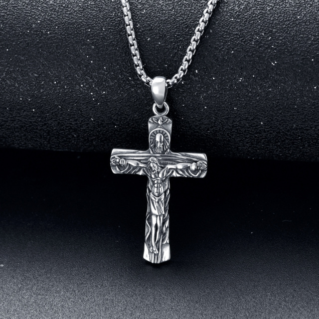 Sterling Silver with Black Rhodium Cross Pendant Necklace for Men-3