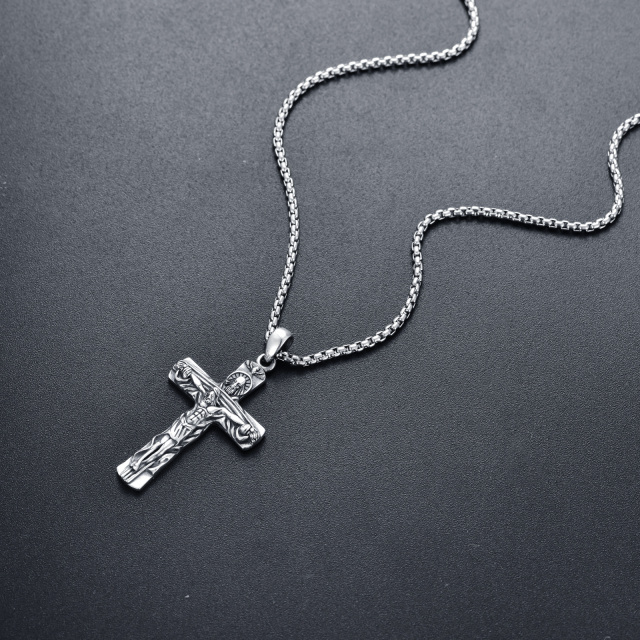 Sterling Silver with Black Rhodium Cross Pendant Necklace for Men-4