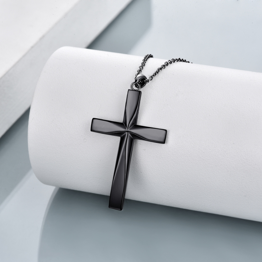 Collana con ciondolo a croce in argento sterling e rodio nero-3