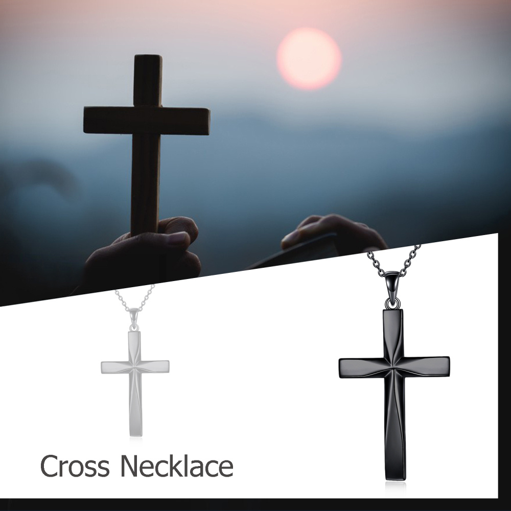 Collana con ciondolo a croce in argento sterling e rodio nero-6