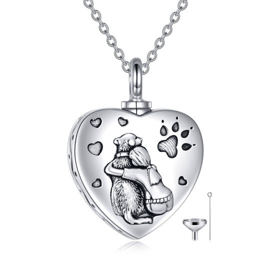 Sterling Silver Oxidized Heart Dog & Girl Urn Necklace Cremation Memorial Jewelry For Girl