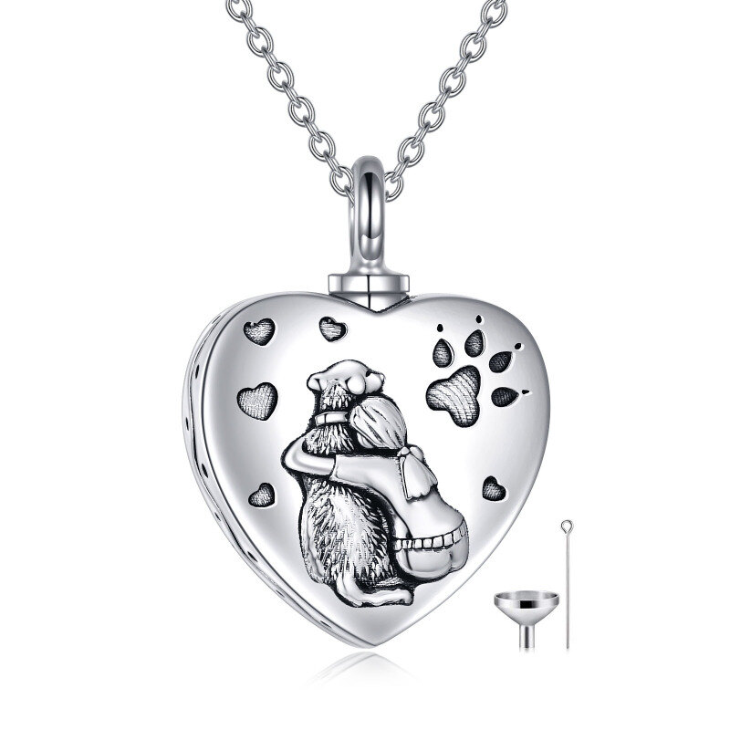 Collier Urne Coeur de Chien en Argent Sterling avec Rhodium Noir pour Cendres avec Mot Gravé