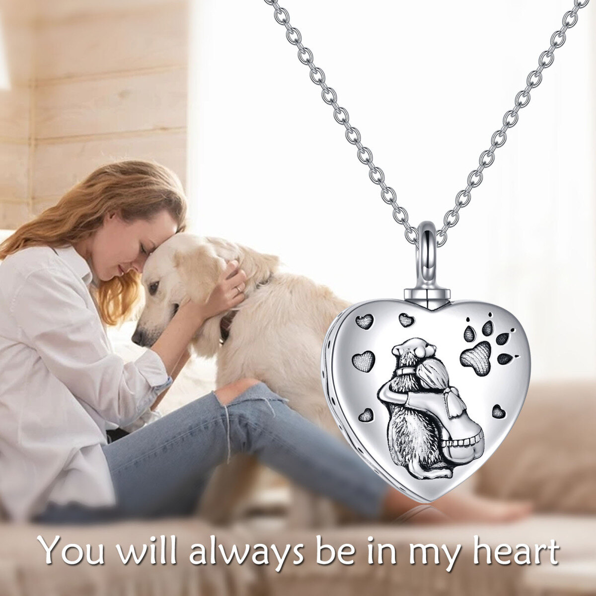 Sterling Silver Oxidized Heart Dog & Girl Urn Necklace Cremation Memorial Jewelry For Girl-2